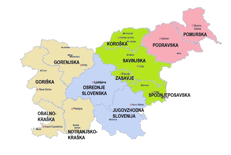 Razdelitev Slovenije na štiri regije za potrebe projekta Zlati kamen 2